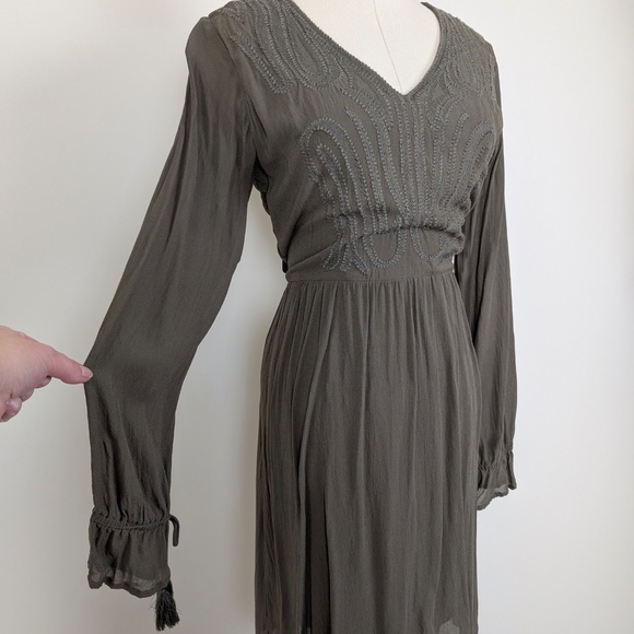 EDC Mini Dress Olive Khaki Green V-Neck Balloon Sleeve Embroidered Long Sleeve - Picture 9 of 13